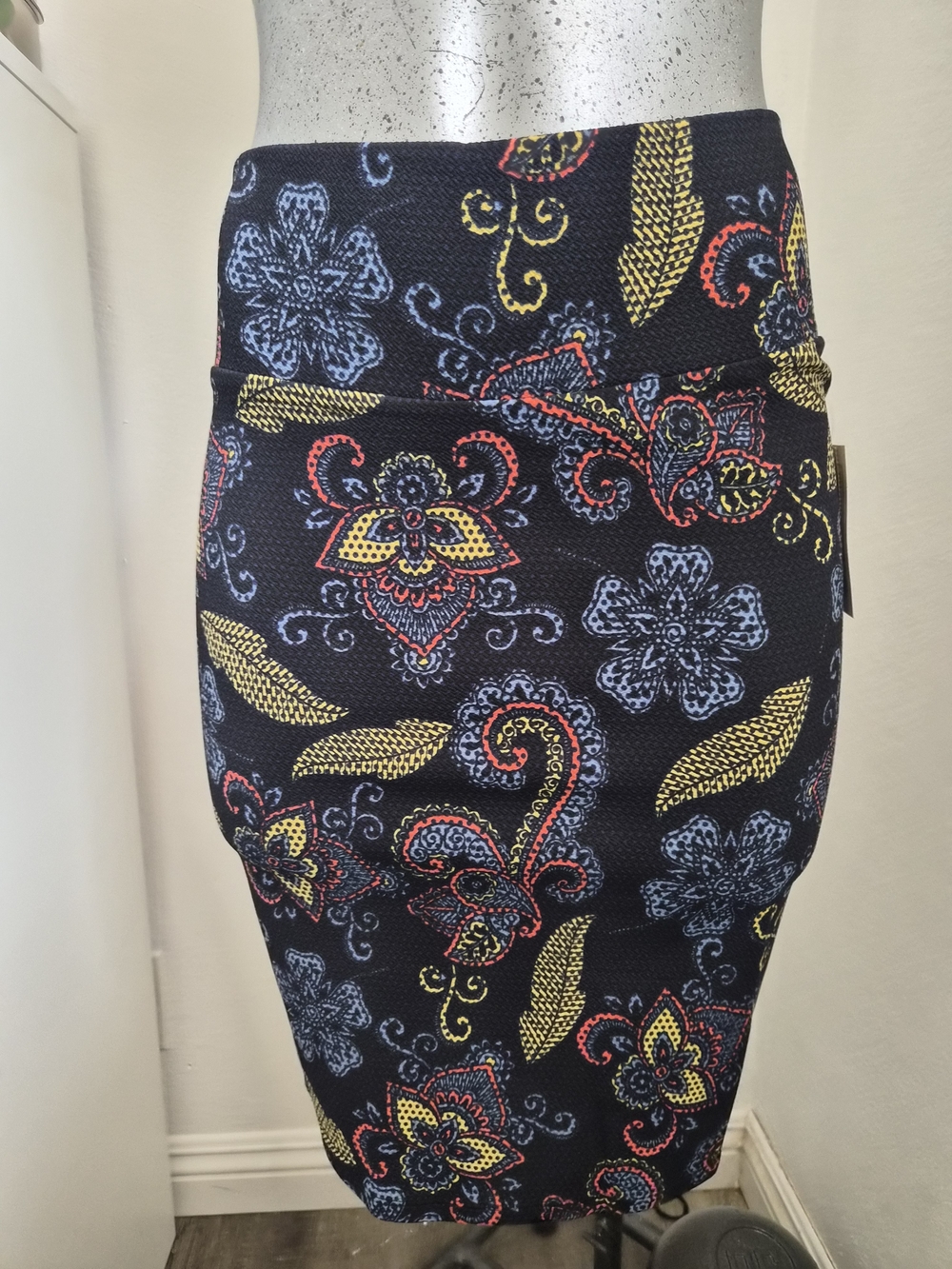 LuLaRoe Black Pencil Skirt with Yellow, Red & Blue Floral Paisley